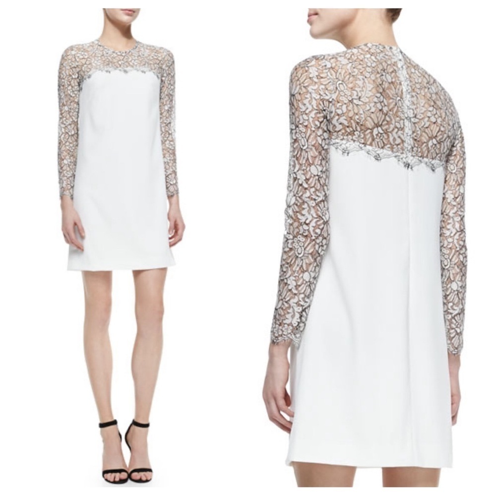Lela Rose Long-Sleeve Lace-Yoke Shift Dress White Black 33928